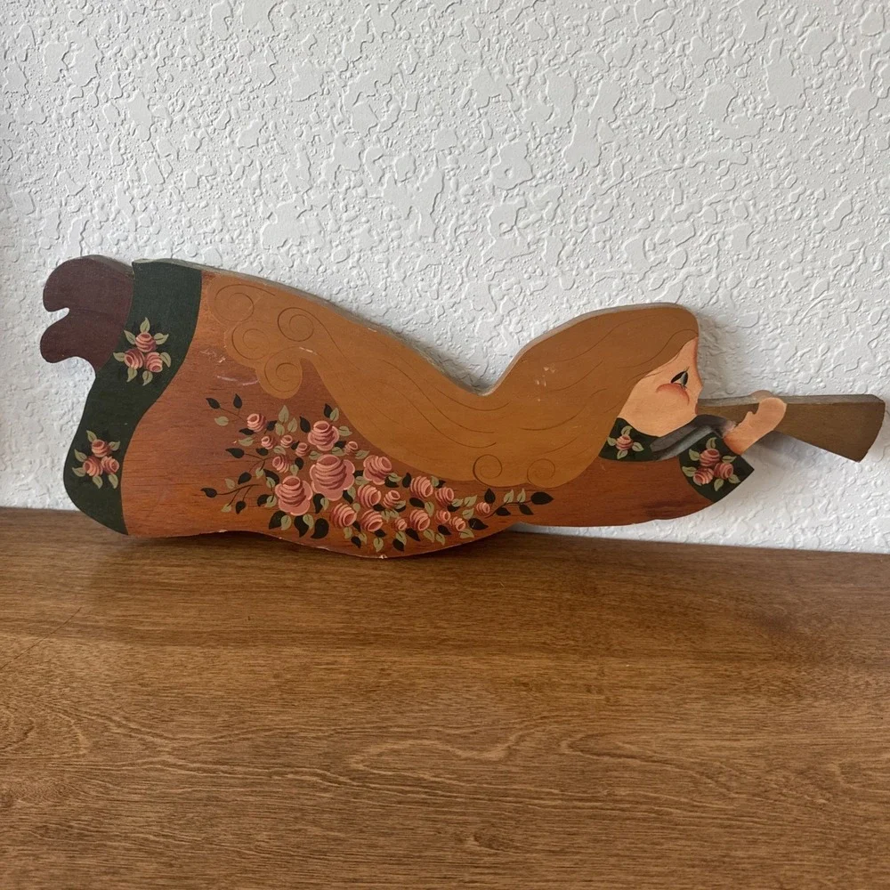 Flying Girl Trumpet Hand Crafted Painted on Wood Wall Hanging, 21 1/4